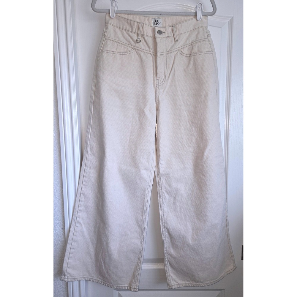 DEEP Cream‎ Off White Wide Leg High Waisted Cotton Denim Jeans Sz L